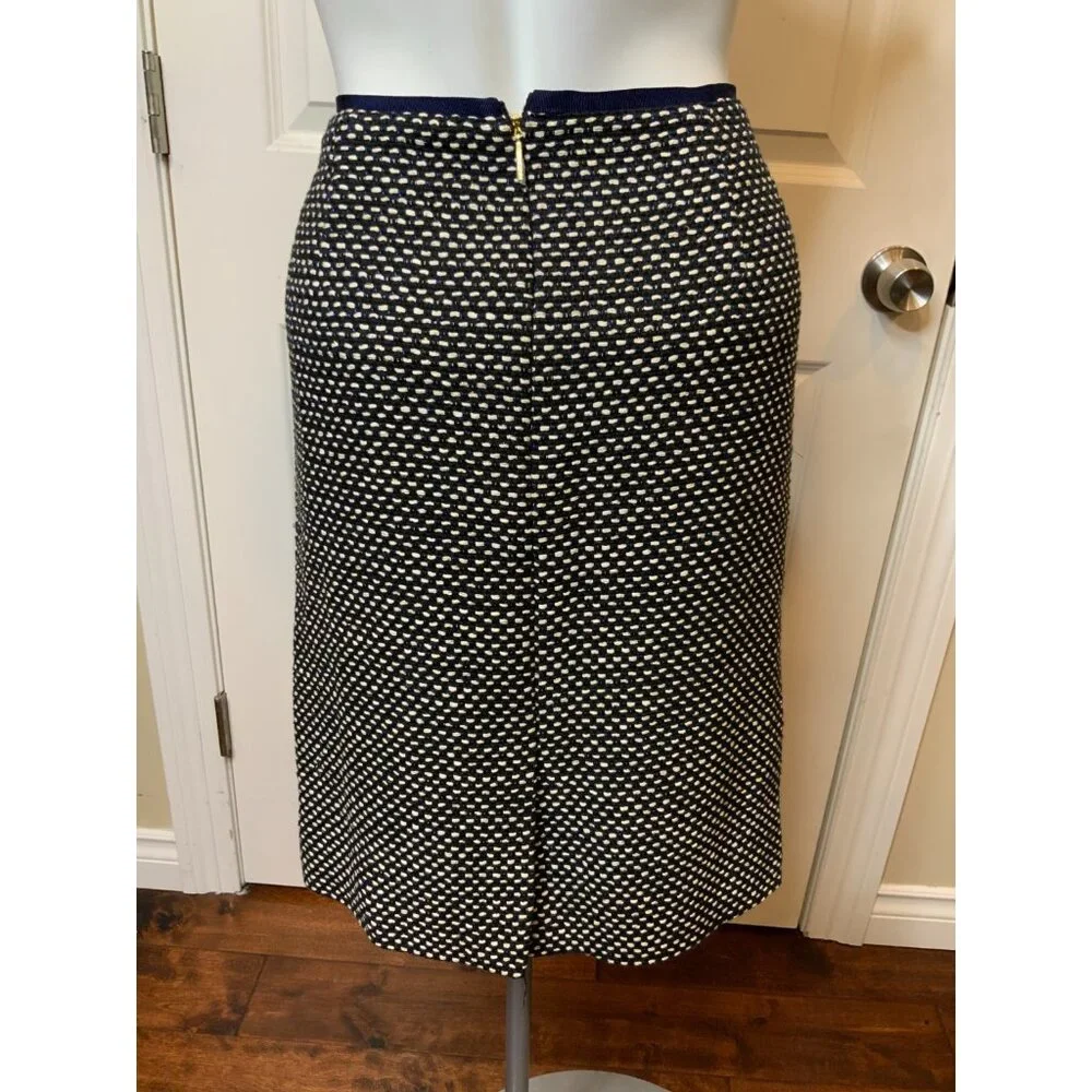 Tory Burch Navy Blue, White & Gold Metallic Tweed Pencil Skirt, Size 6